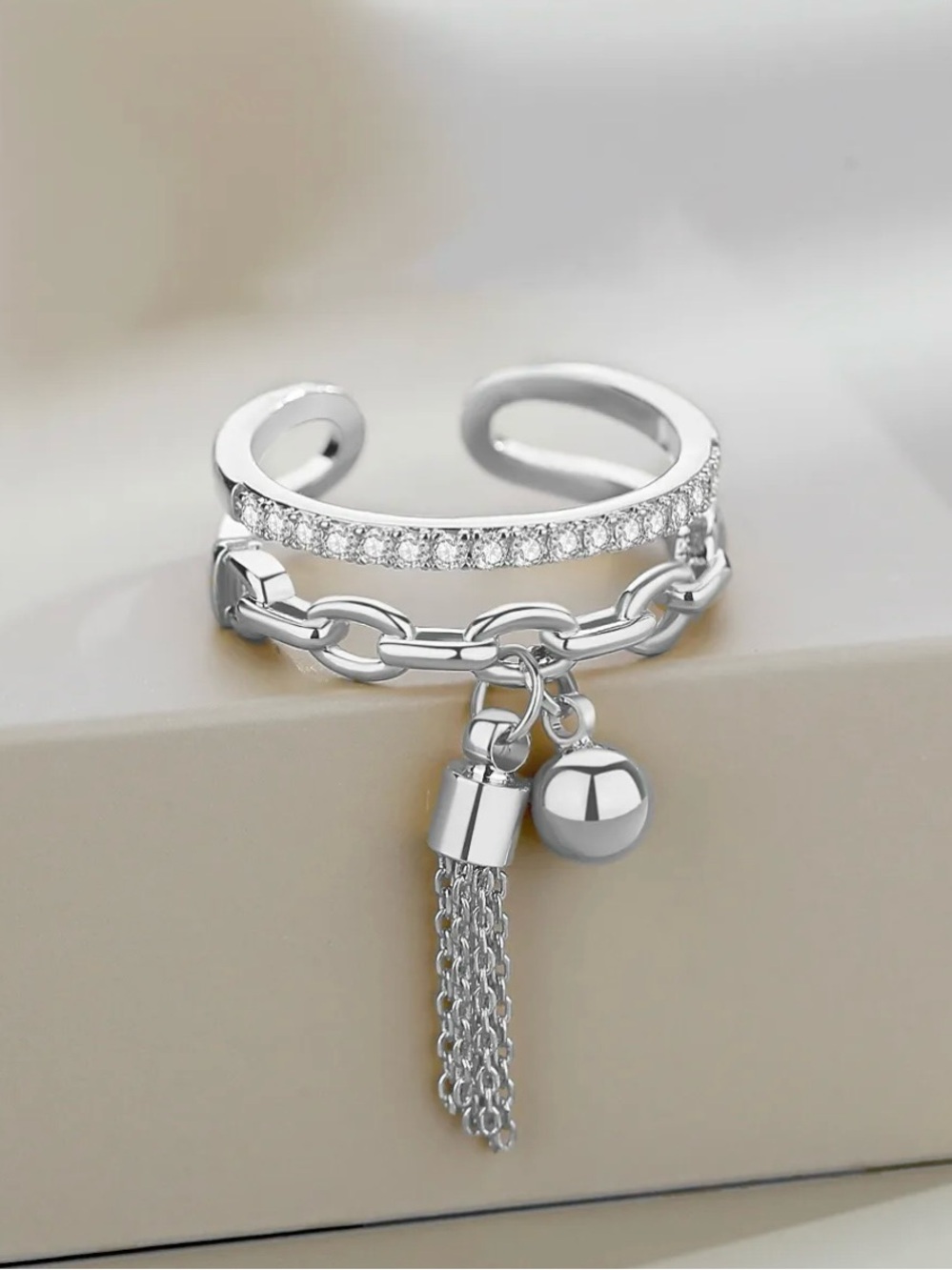 Silver Tone Adjustable Ring Crystal Accent Layered Chain Hanging Tassel Charm